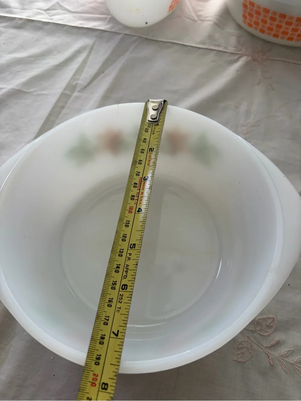 Glasbake White Milk Glass Casserole with Autumn Leaf Motif